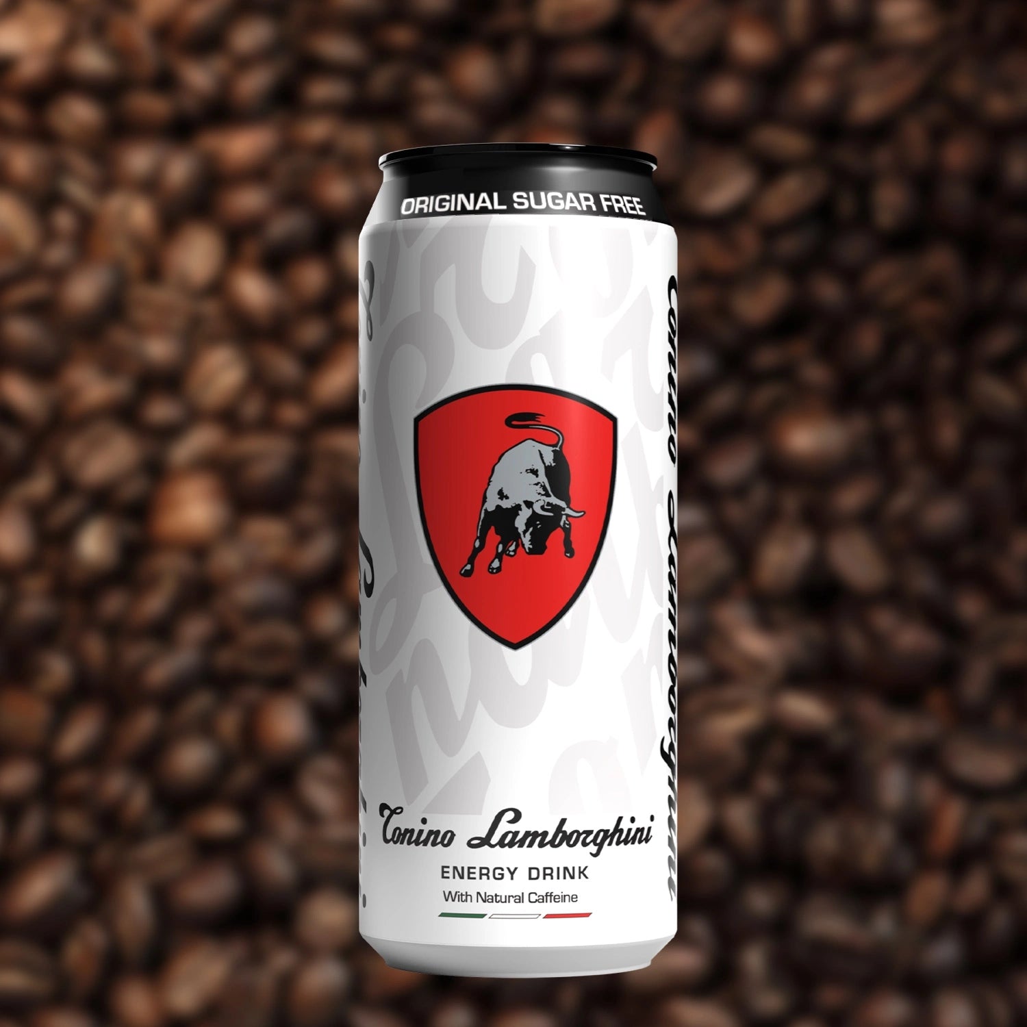 Tonino Lamborghini Energy Drink in Original Sugar Free Flavour with Coffee Beans in background