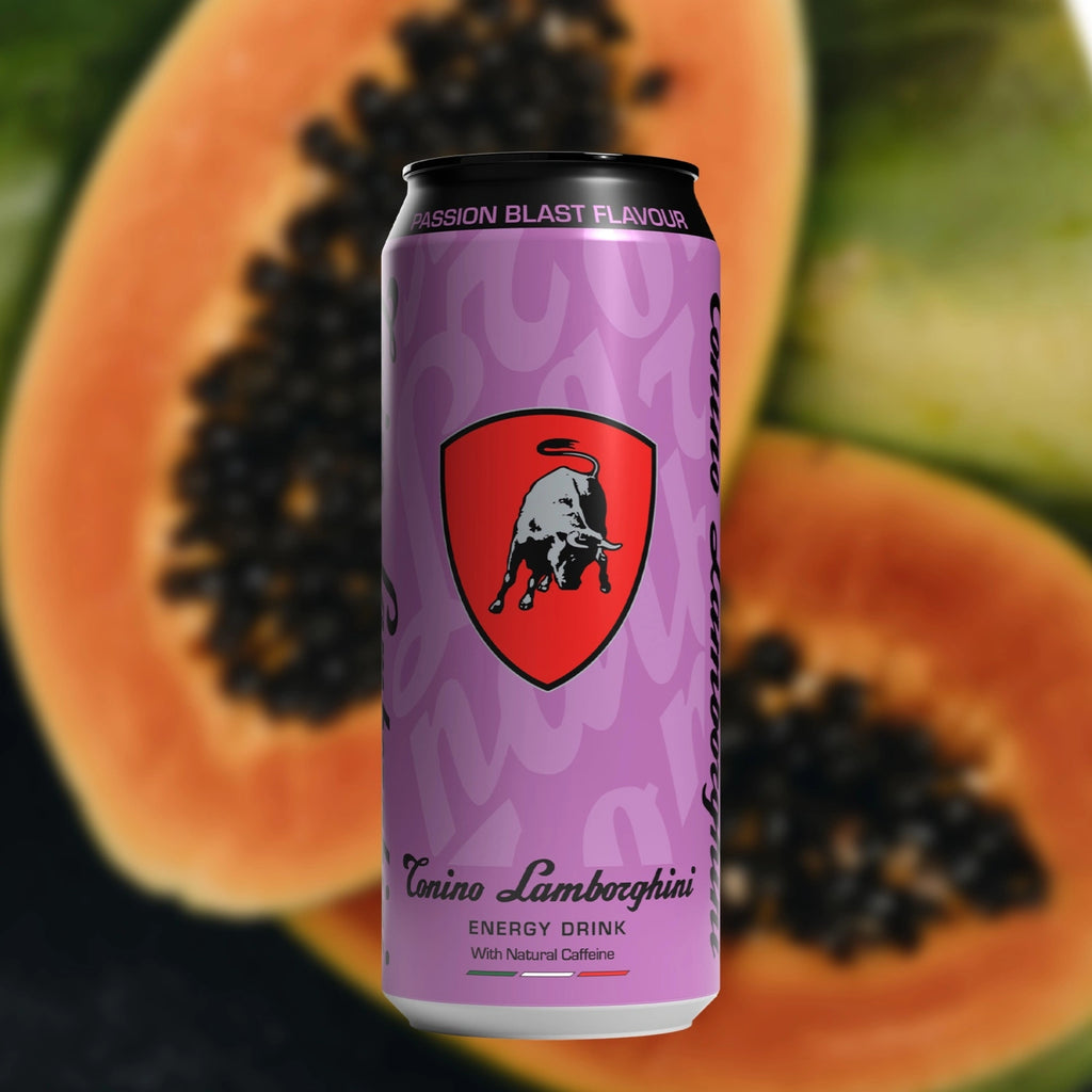 Lambo energy drink can with a passionfruit in the background