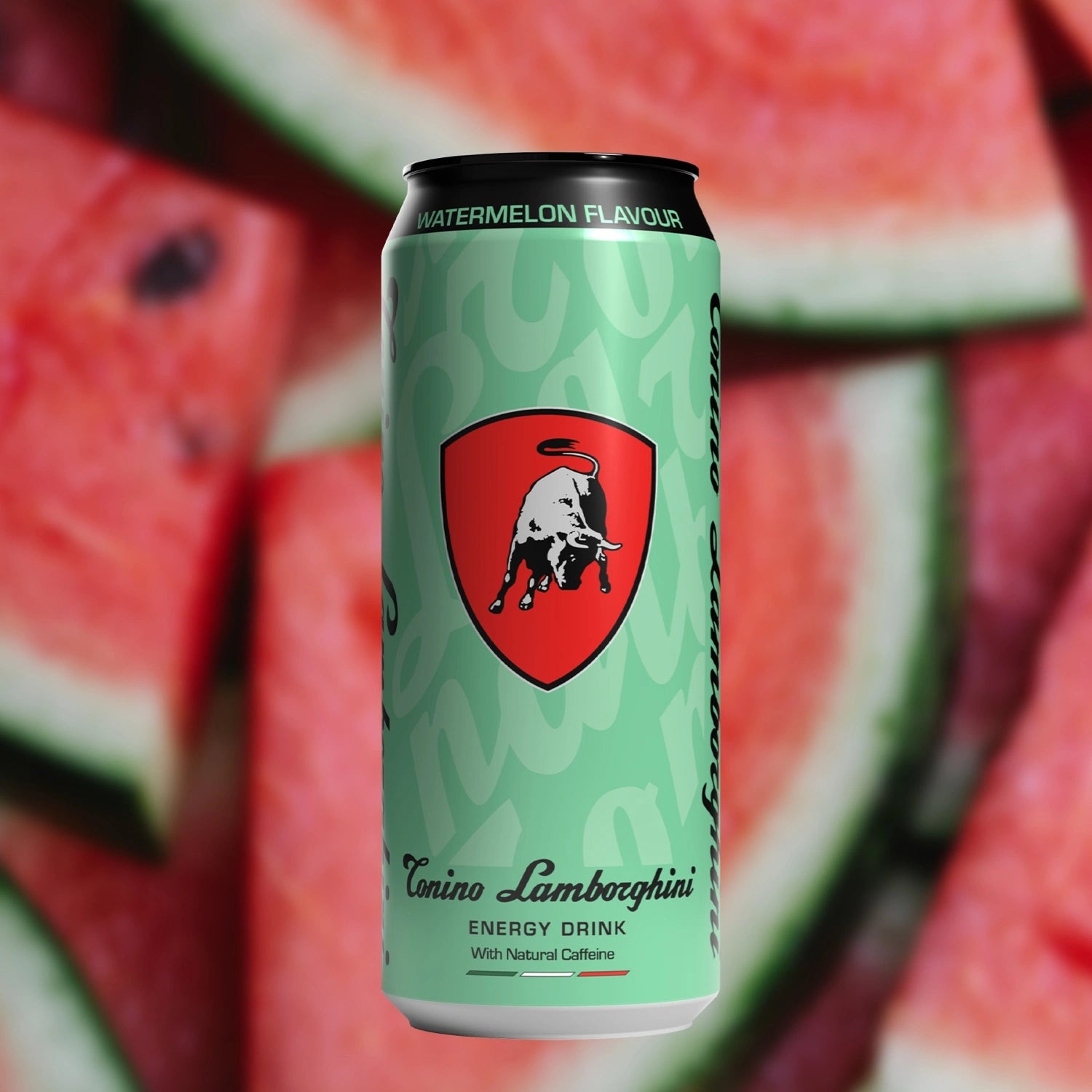 Cans of Tonino Lamborghini energy drink with watermelon flavor surrounded by watermelon slices.