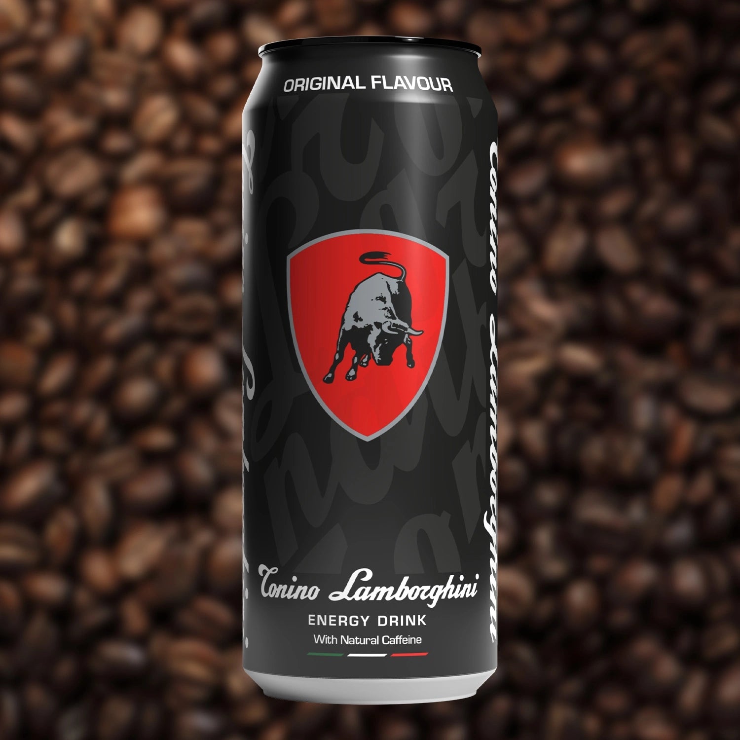 Tonino Lamborghini energy drink can with a bull logo on a background of coffee beans