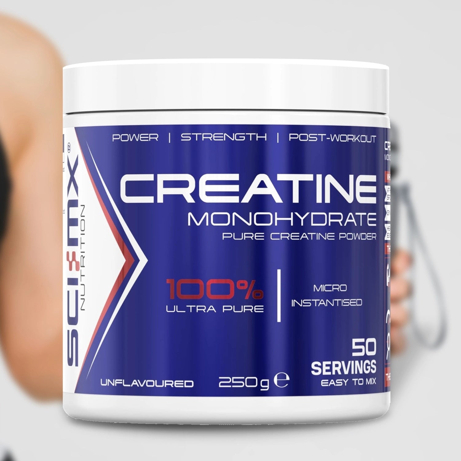Creatine monohydrate powder container with blue and white design