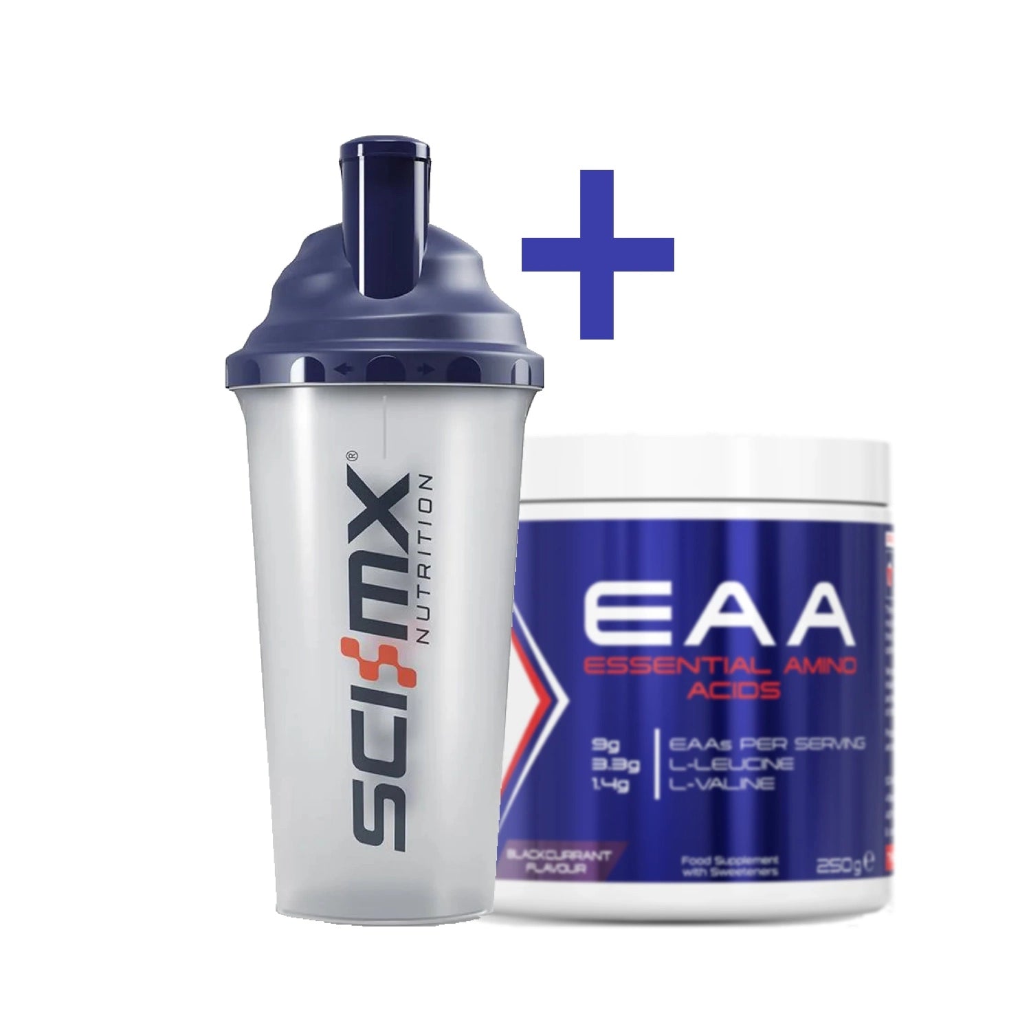 A Sci-MX Nutrition shaker bottle with a dark navy blue lid next to a white tub of EAA Essential Amino Acids, separated by a blue plus sign on a plain white background.