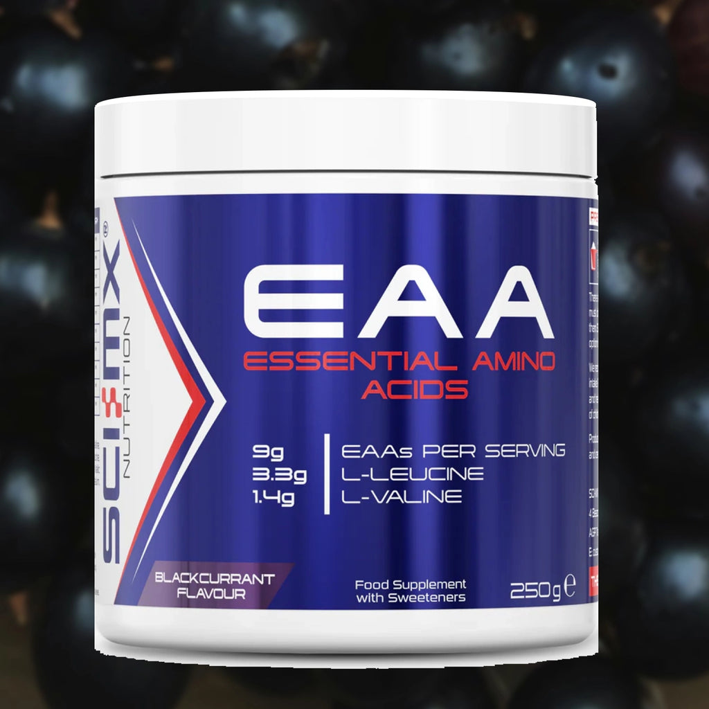 Container of EAA (Essential Amino Acids) supplement on a background of blackcurrants