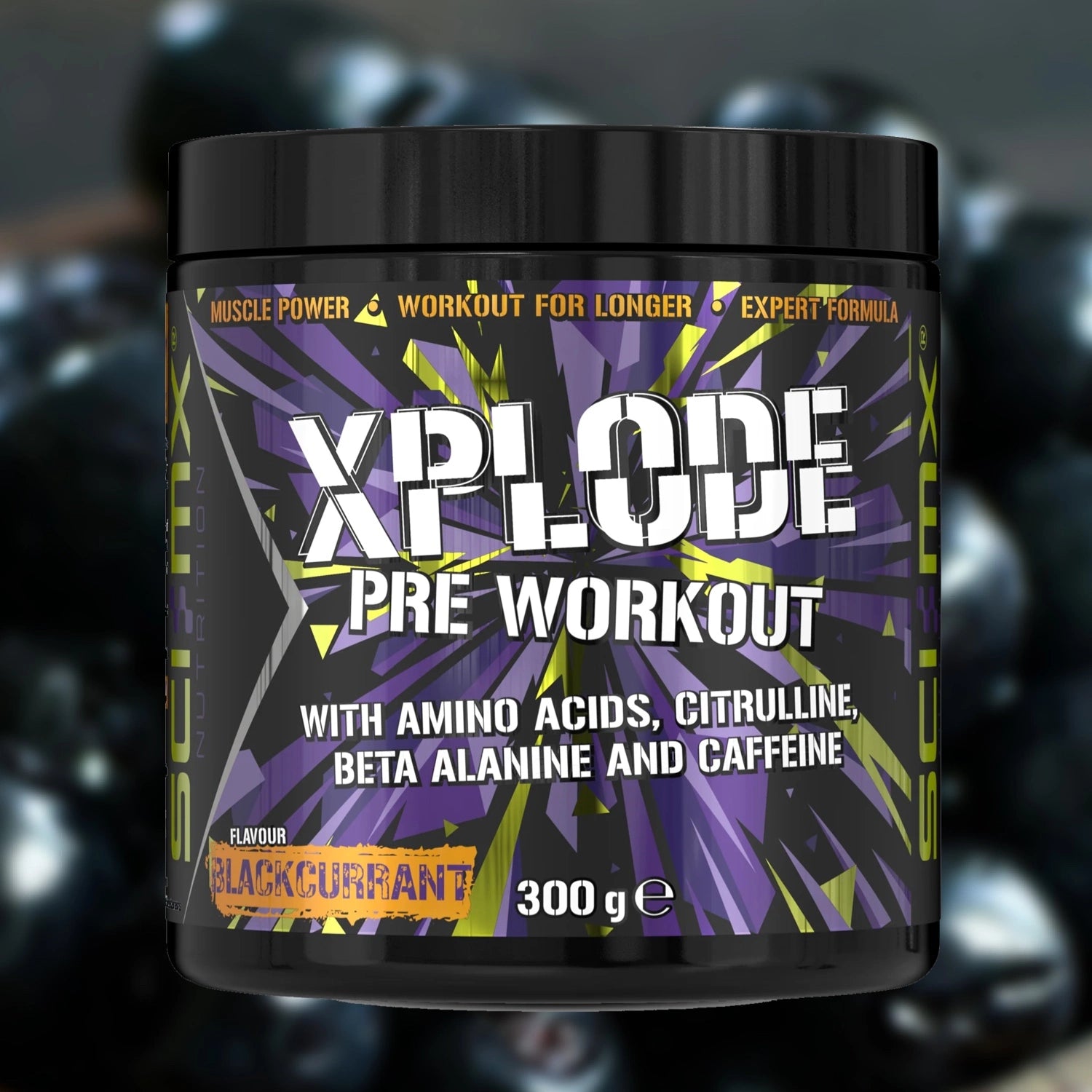  Pre-workout supplement container with 'Xplode' Pre Workout with Blackcurrant background
