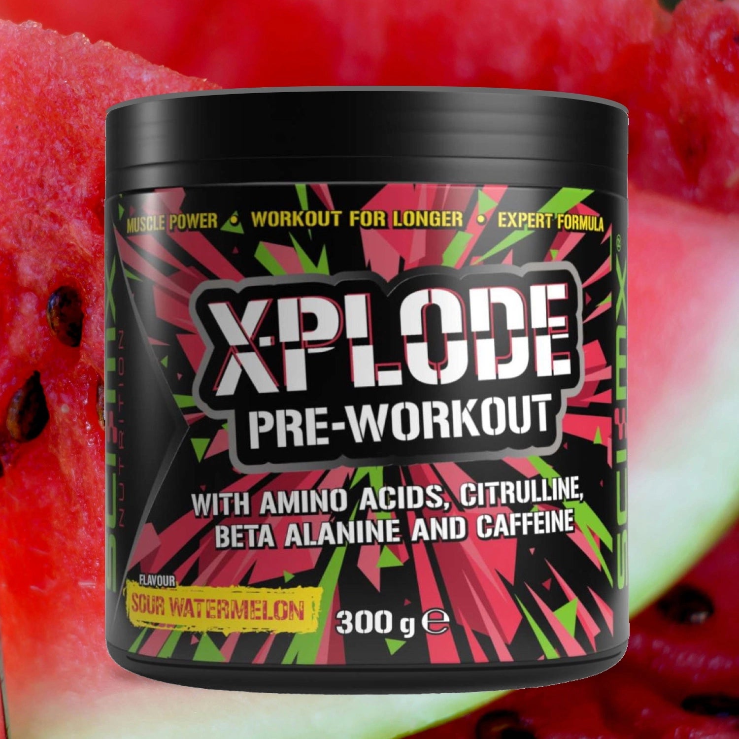 Pre-workout supplement container with watermelon slices in the background