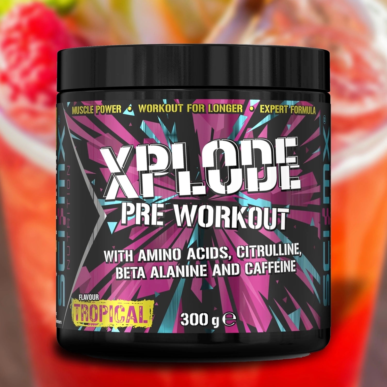 XPLODE pre-workout supplement container with colorful label on a blurred fruit background