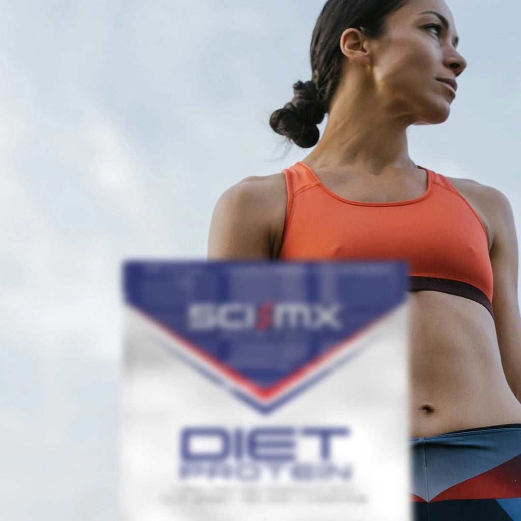 Woman in athletic wear with a Sci-Mx Diet product in the foreground