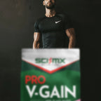 Man in black athletic shirt with Scivation Pro V-Gain supplement box in foreground