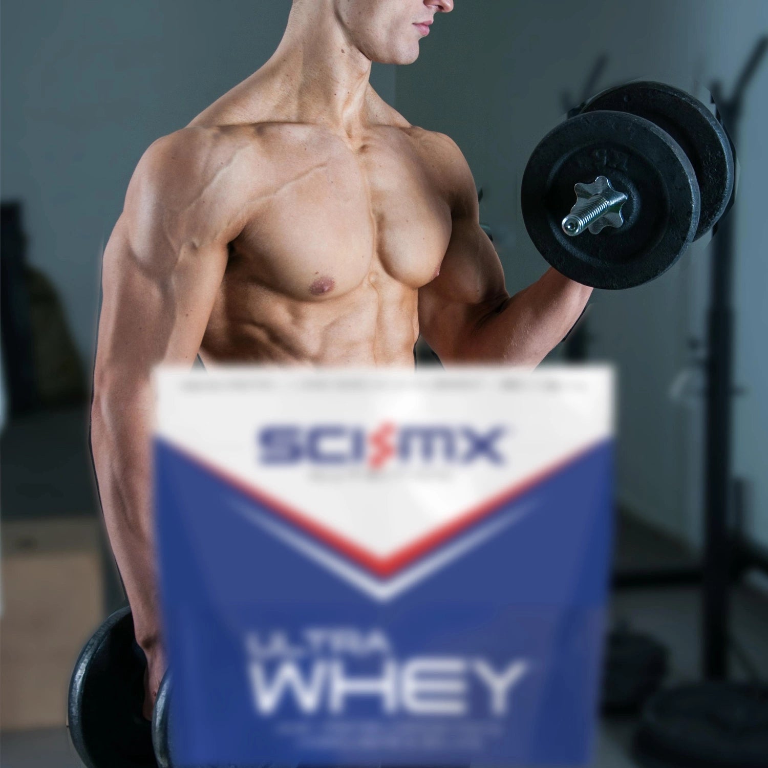 Muscular man lifting weights with a Sci-Mx Ultra Whey protein powder package in the foreground.
