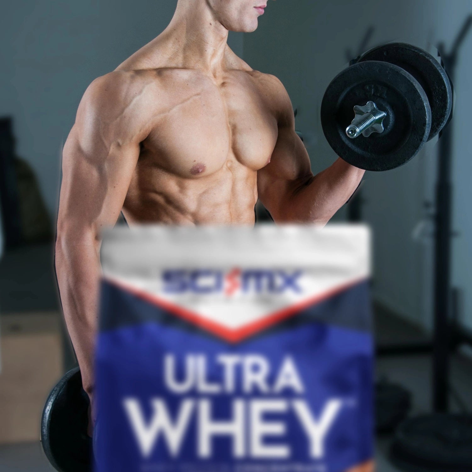 A muscular man in a gym setting holding a barbell, with a blurred bag of SCI-MX Ultra Whey protein powder in the foreground.