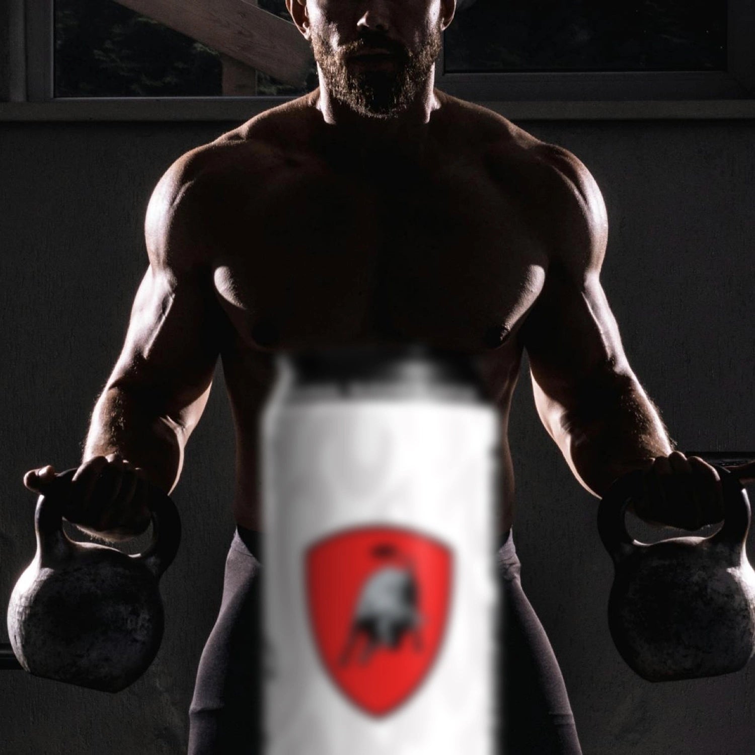Man with boxing gloves in silhouette with Lamborghini energy drink in foreground