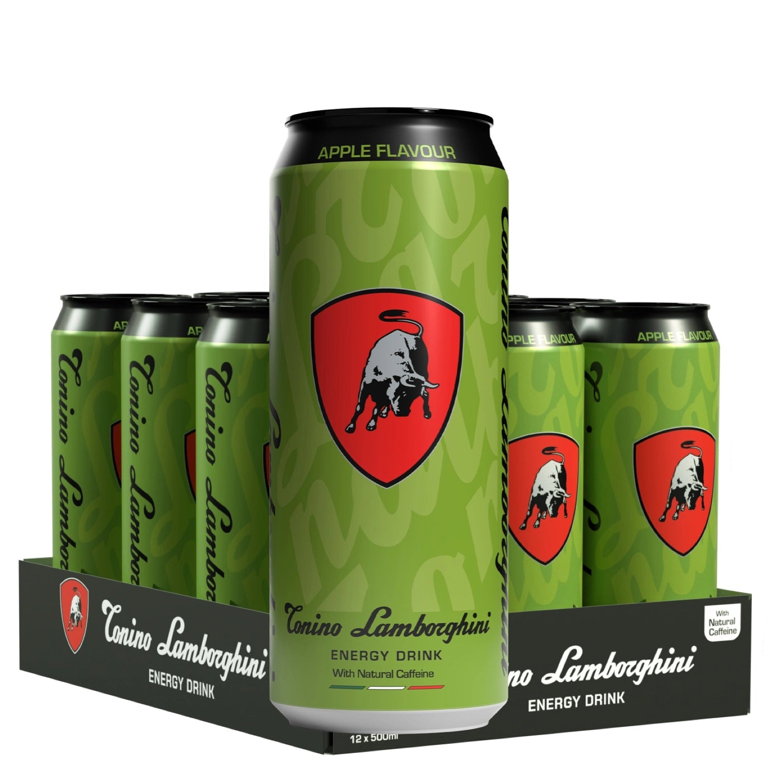 12 pack of Tonino Lamborghini energy drink cans with green and black design