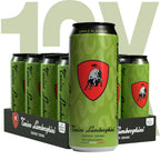 12 pack of Tonino Lamborghini energy drink cans with a prominent logo on a white background
