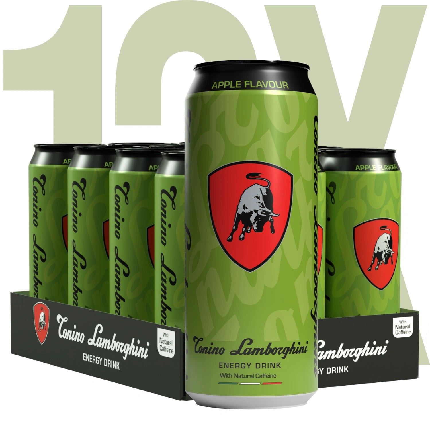 12 pack of Tonino Lamborghini energy drink cans with a prominent logo on a white background