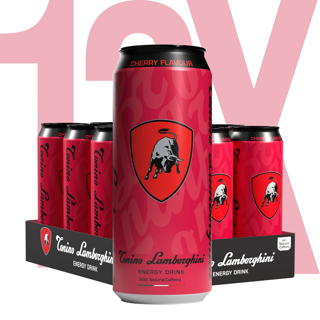 12 pack of Tonino Lamborghini Energy Drink cans on a white background
