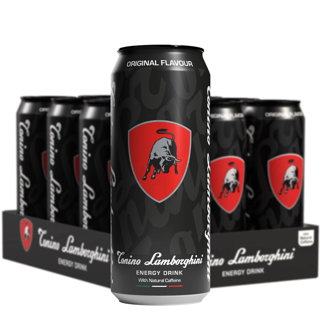 12 pack of Tonino Lamborghini energy drink with branding on a white background
