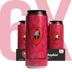 Three Cherry Flavour Tonino Lamborghini Energy Drink cans on a pink background