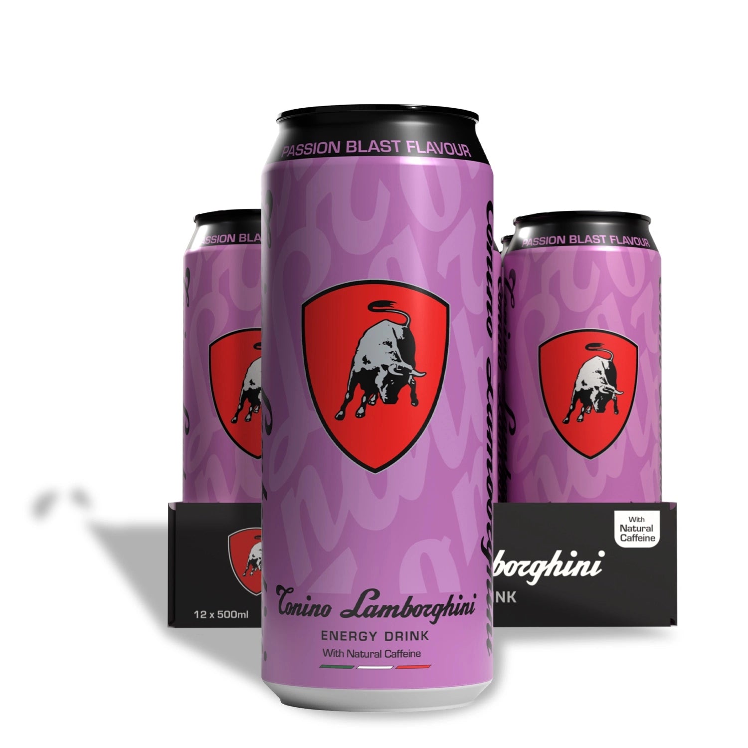 6 can pack of Tonino Lamborghini energy drink with a purple design and logo on a white background.