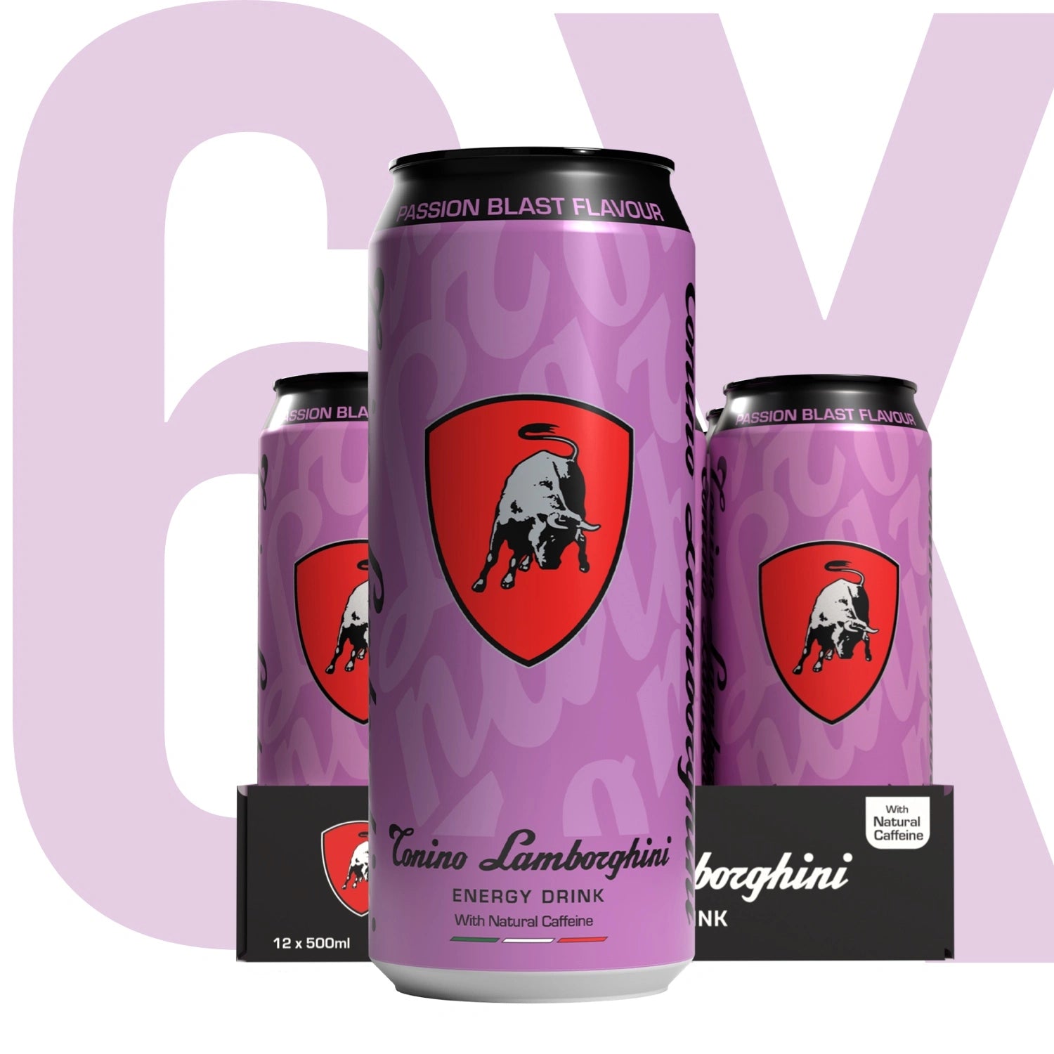 6 can pack of Passion Blast Lamborghini energy drink cans with a prominent logo on a light purple background