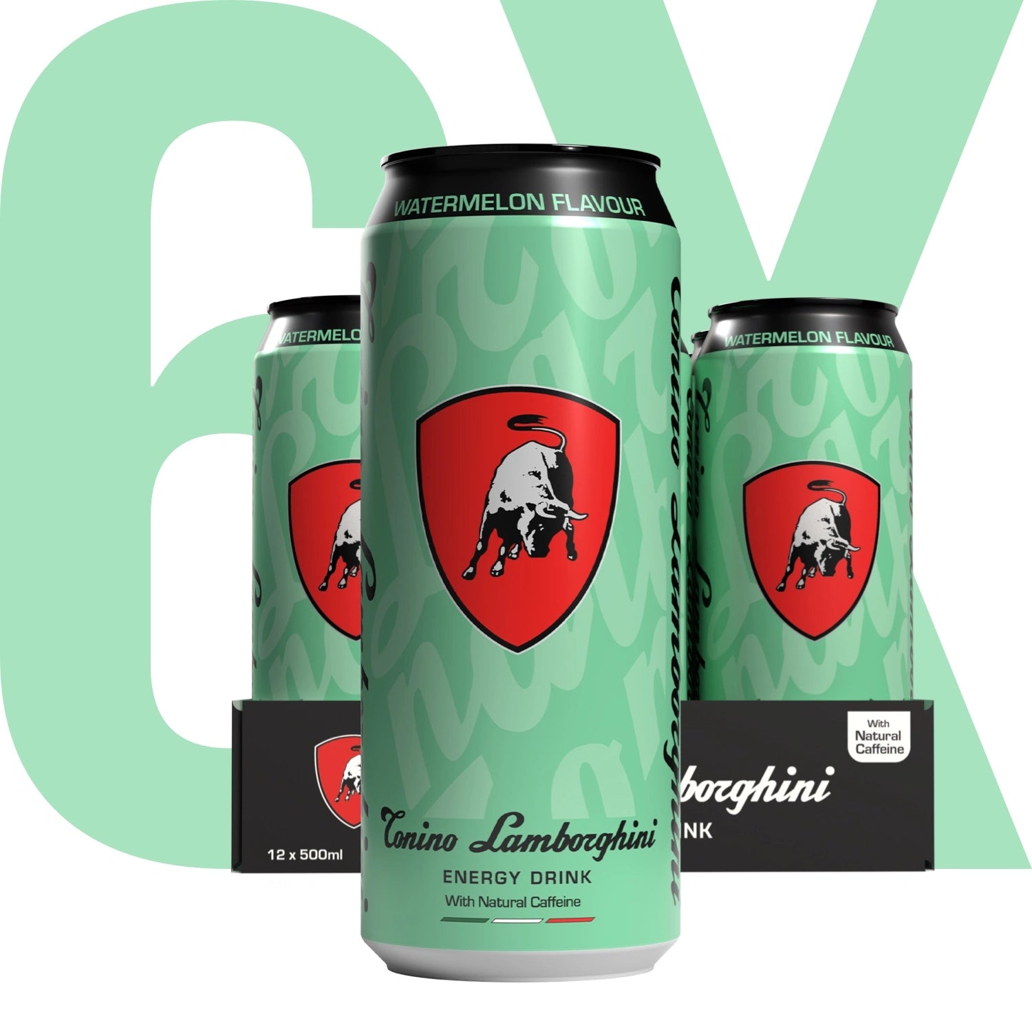6 pack of cans of Watermelon Tonino Lamborghini Energy Drink on a light green background.