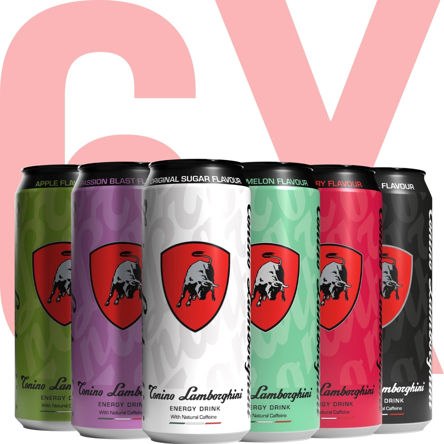 Six Tonino Lamborghini energy drink cans with a prominent logo on a pink and white background