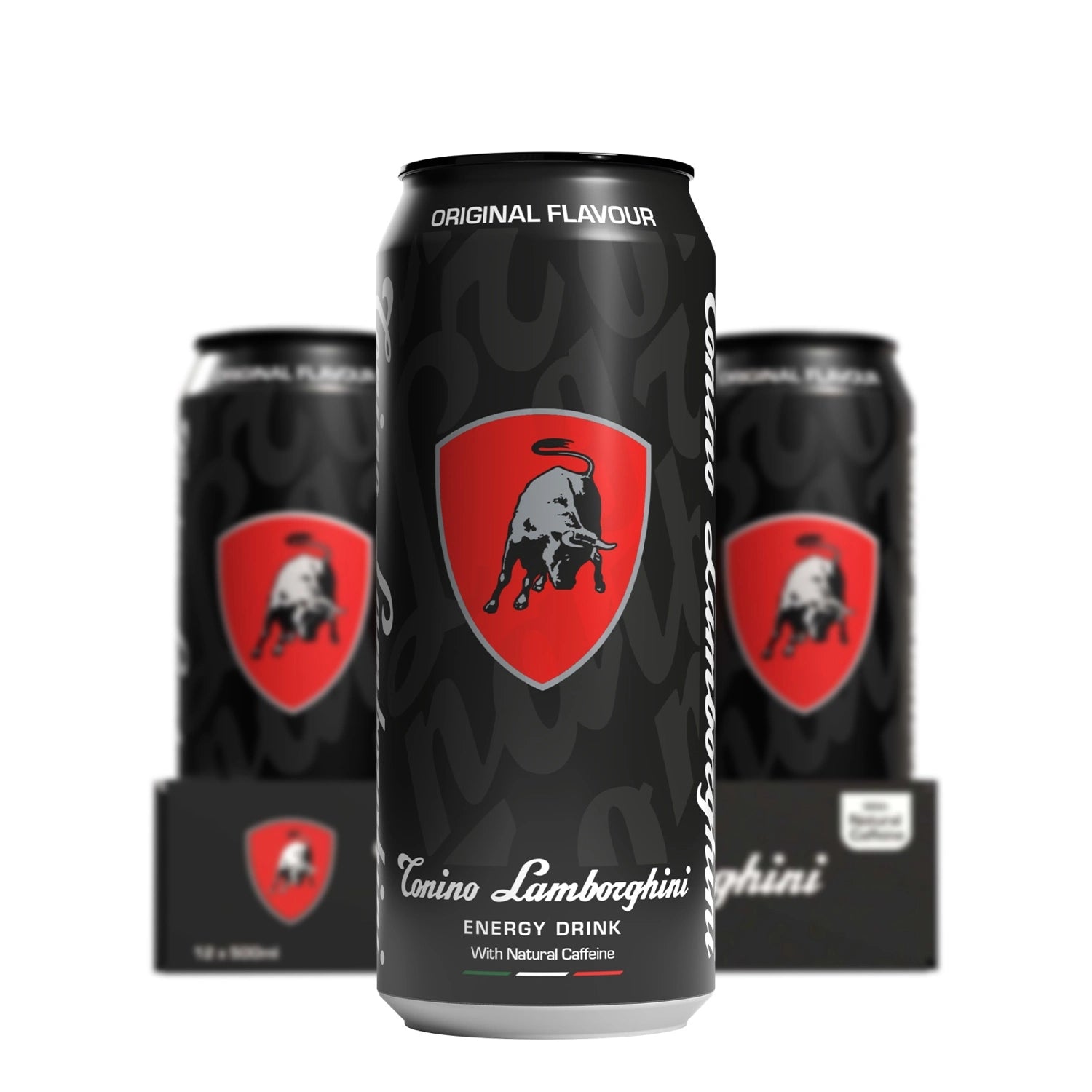 6 pack of Lamborghini energy drinks can on a white background