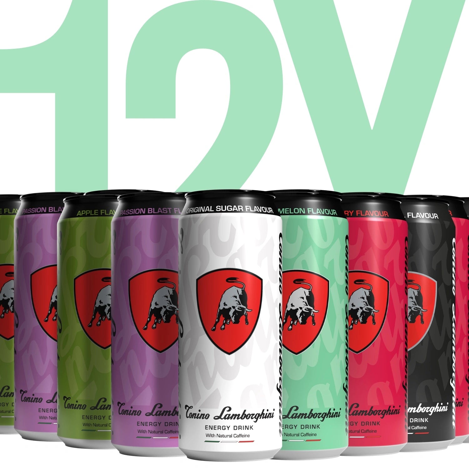 Twelve Tonino Lamborghini energy drink cans with a prominent logo on a green and white background