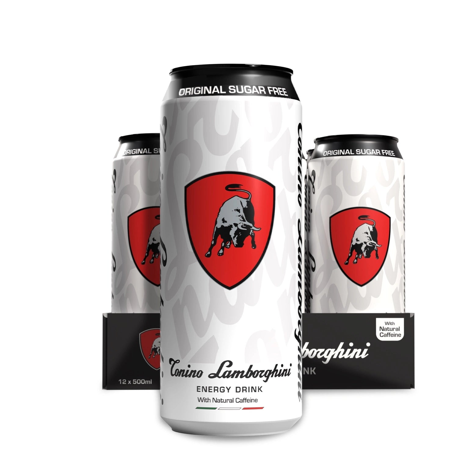 Three cans of Tonino Lamborghini energy drink with a prominent logo on a white background