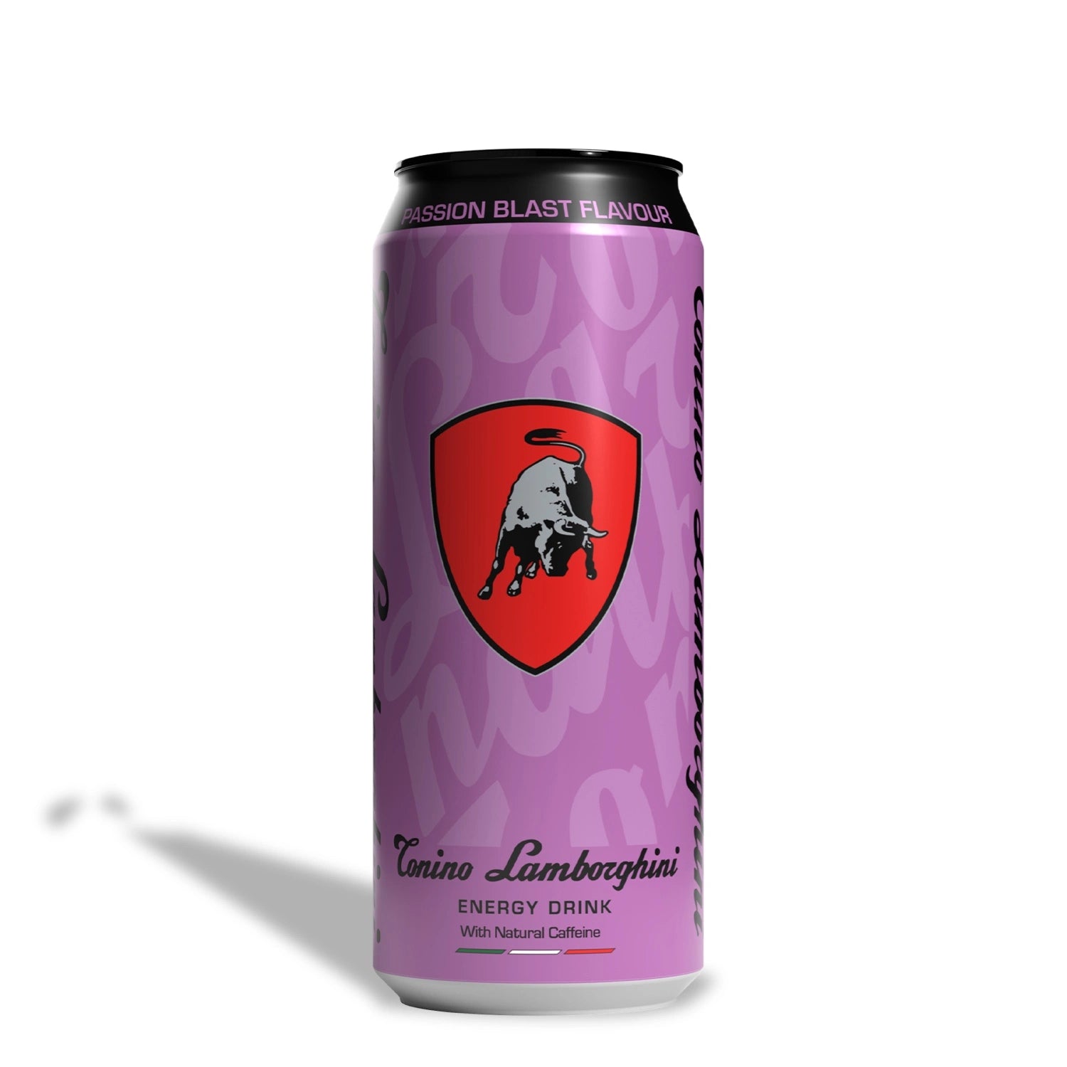 Passion Blast Lamborghini energy drink can with purple design and logo on a white background