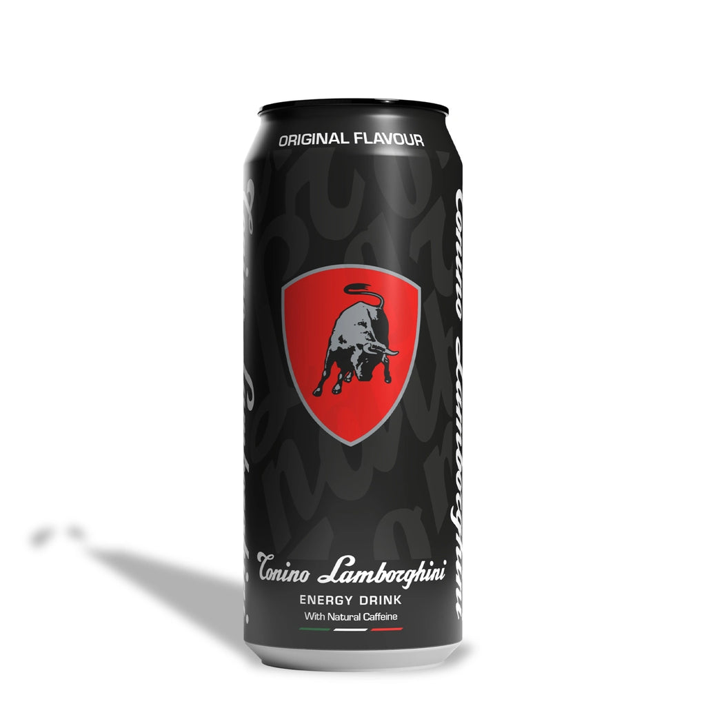 Original Flavour Lamborghini energy drink can on a white background