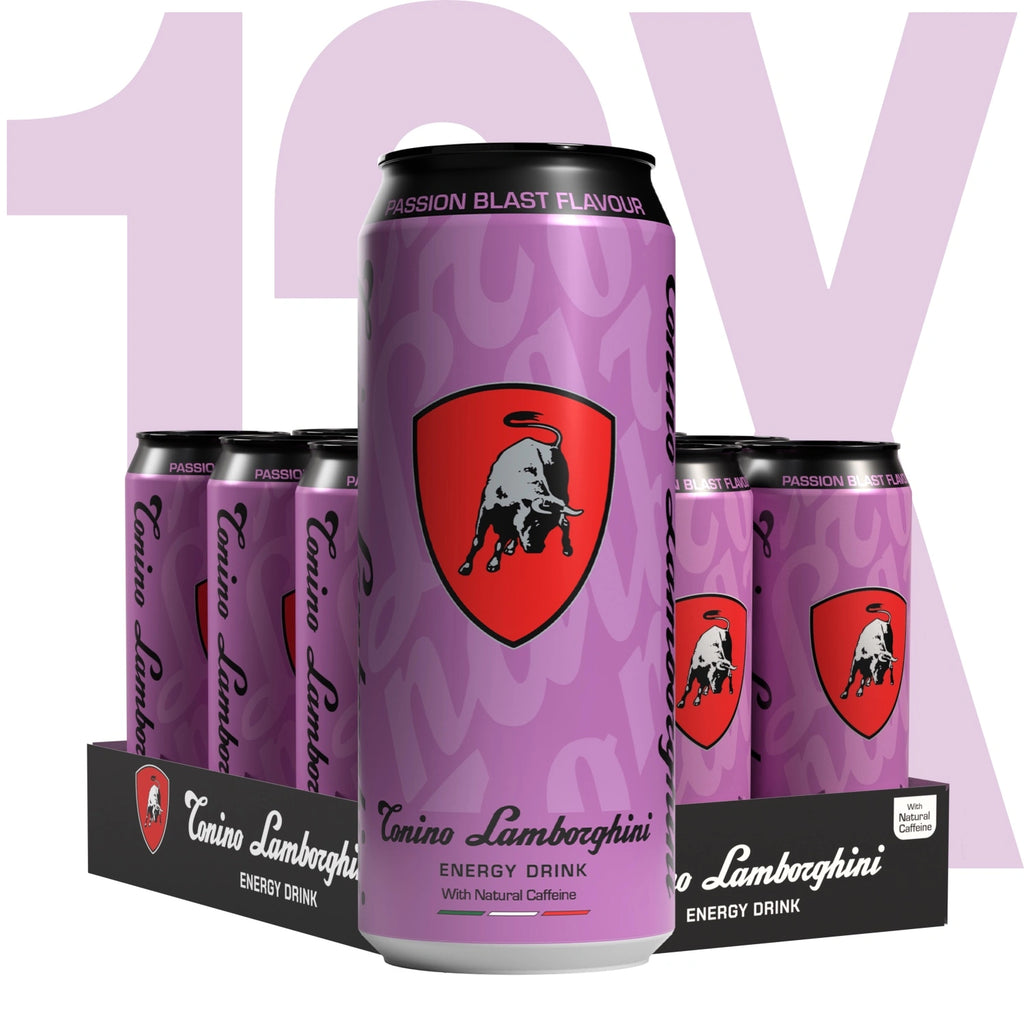 12 can pack of Passion Blast Lamborghini energy drink cans with a prominent logo on a light purple background
