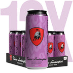 12 can pack of Passion Blast Lamborghini energy drink cans with a prominent logo on a light purple background