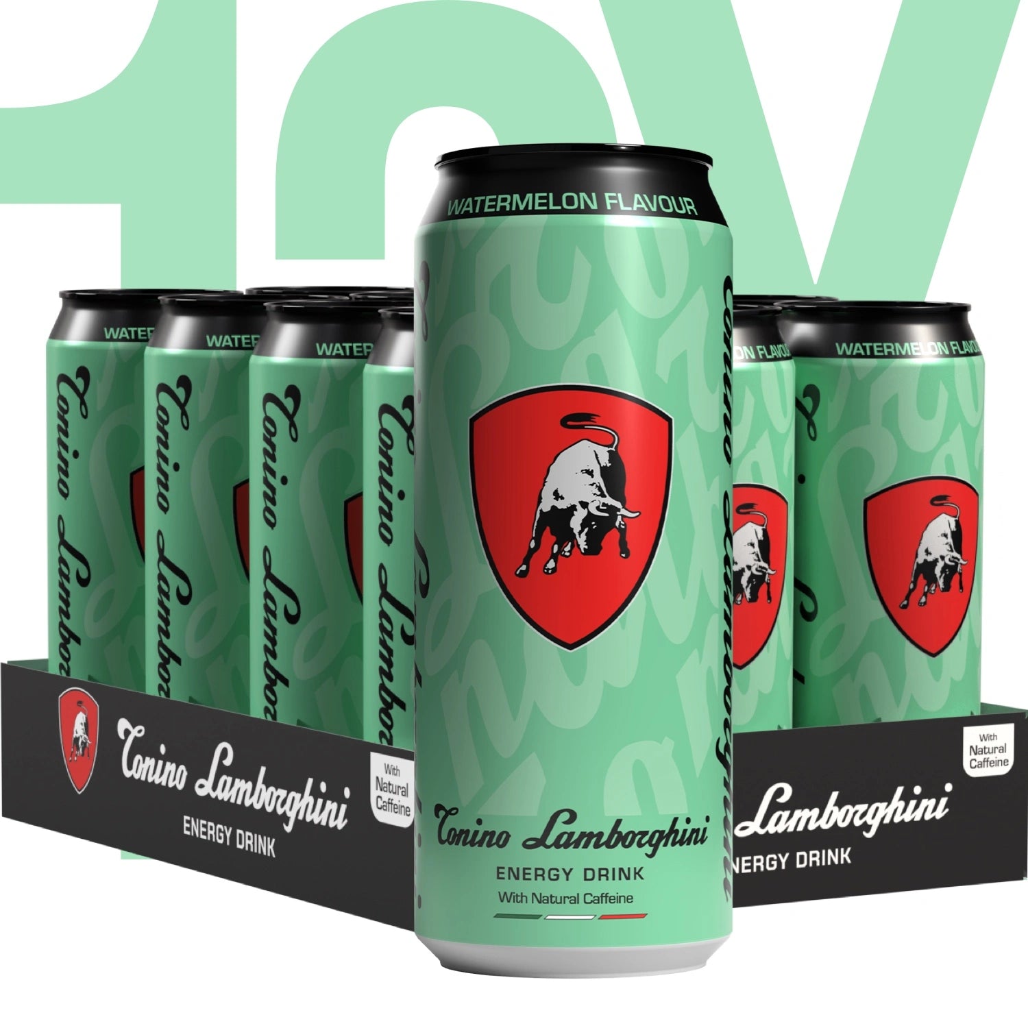 12 pack of Tonino Lamborghini energy drink Watermelon flavour with green and red design