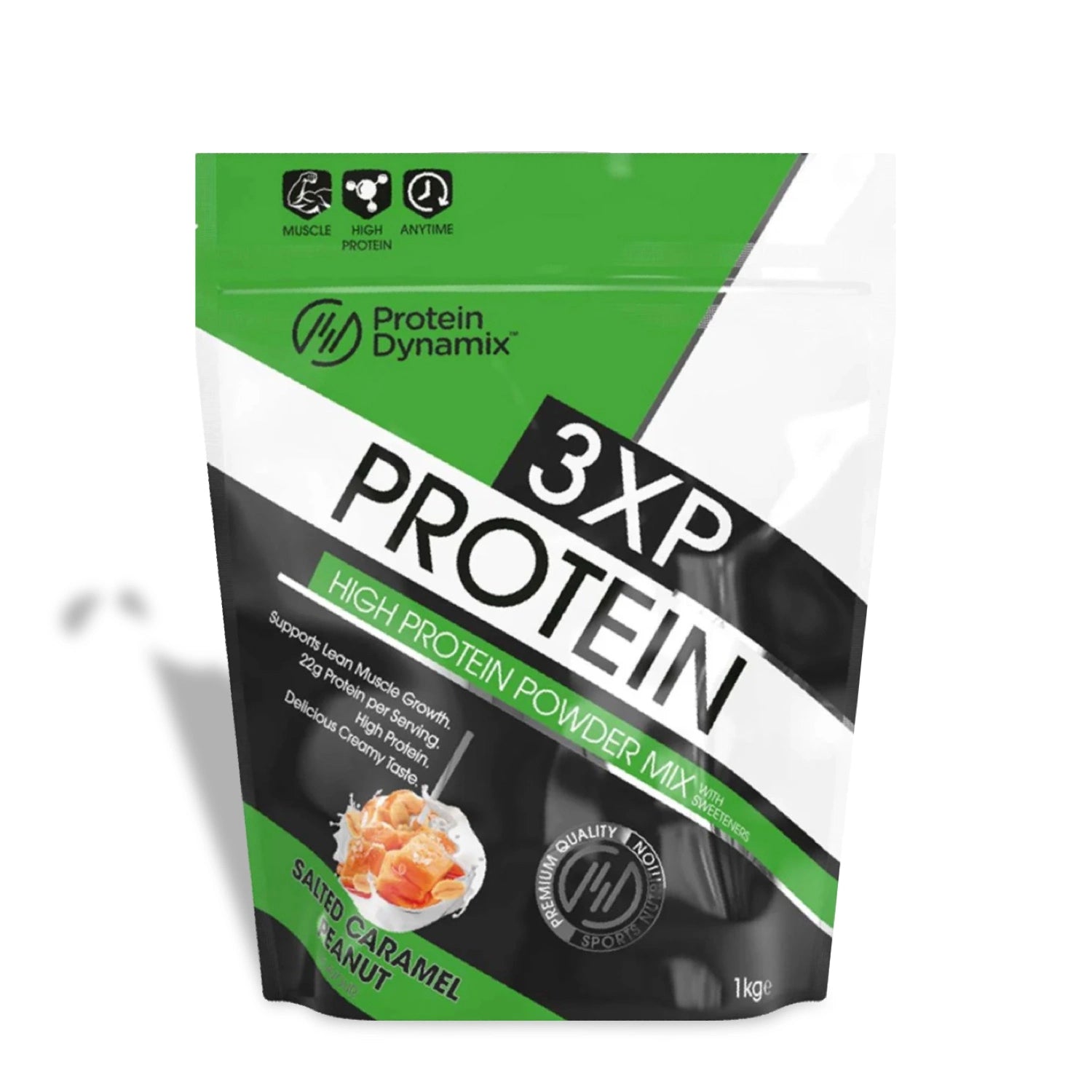Protein Dynamix 3XP Protein package with Salted Caramel Peanut flavour on a white background
