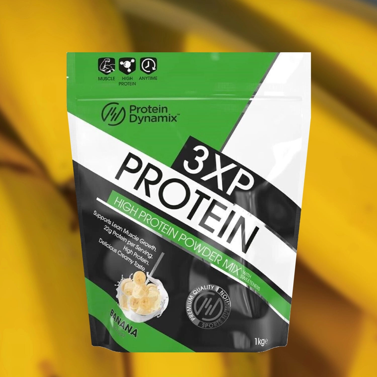 Protein Dynamix 3XP Protein package on a blurred banana background