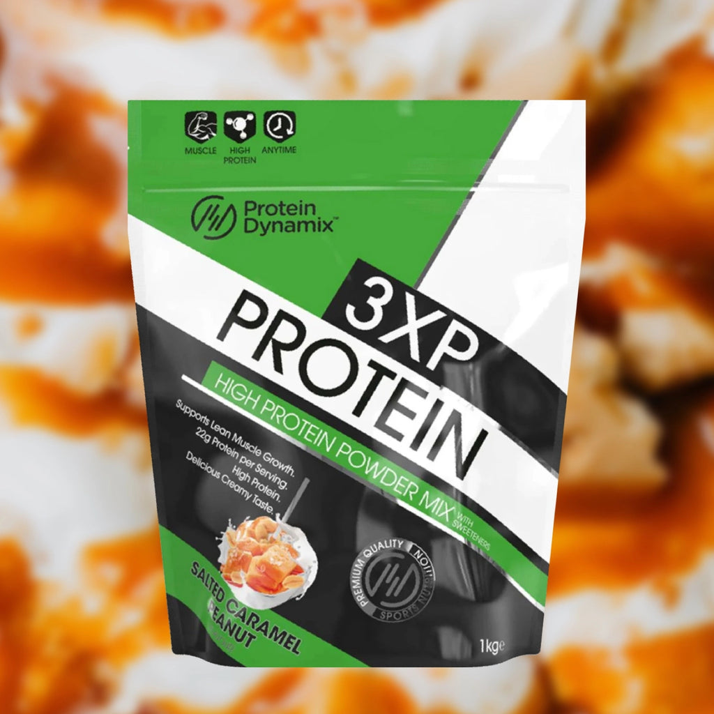 Protein Dynamix 3XP Protein package with a blurred background of Caramel Peanut.
