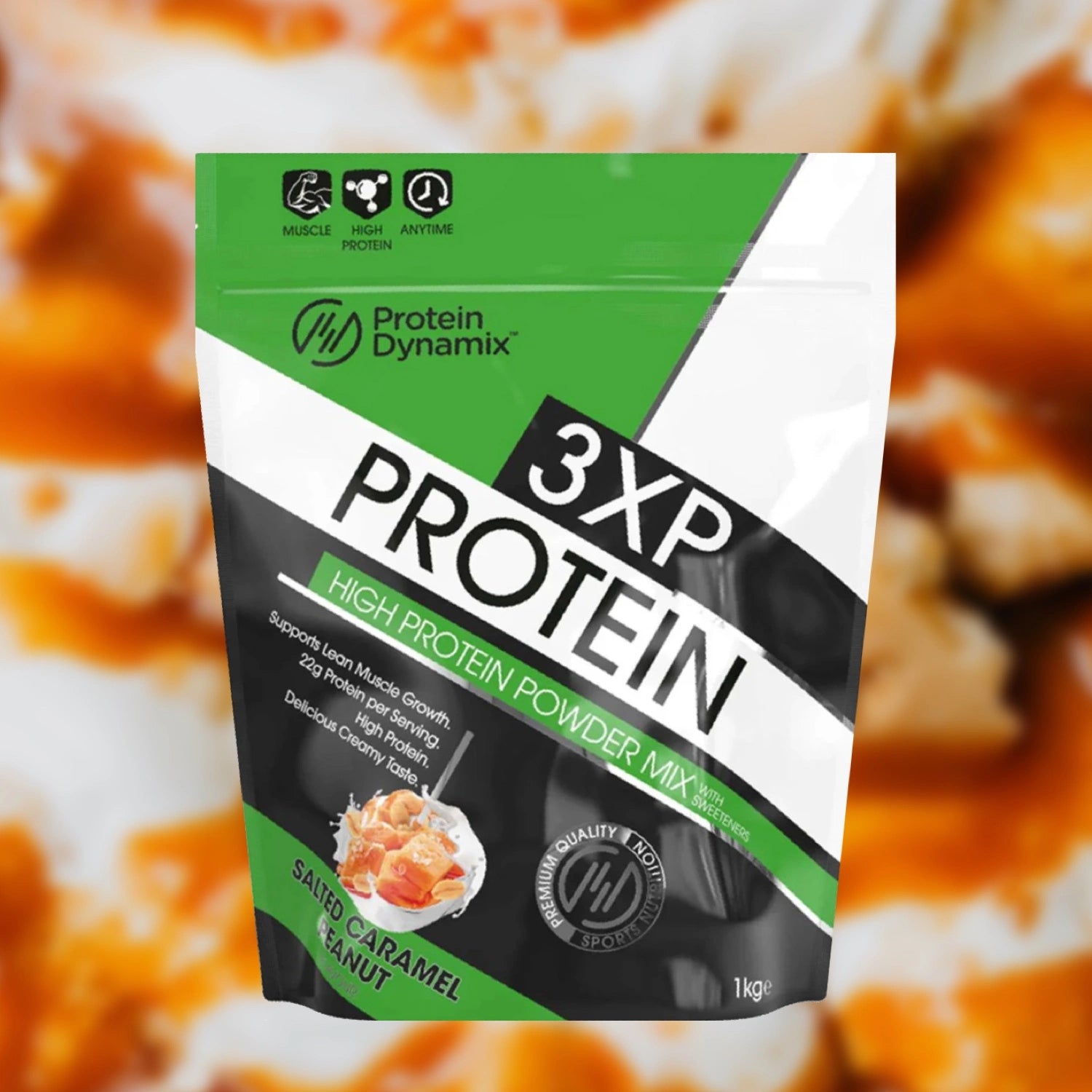 Protein Dynamix 3XP Protein package with a blurred background of Caramel Peanut.