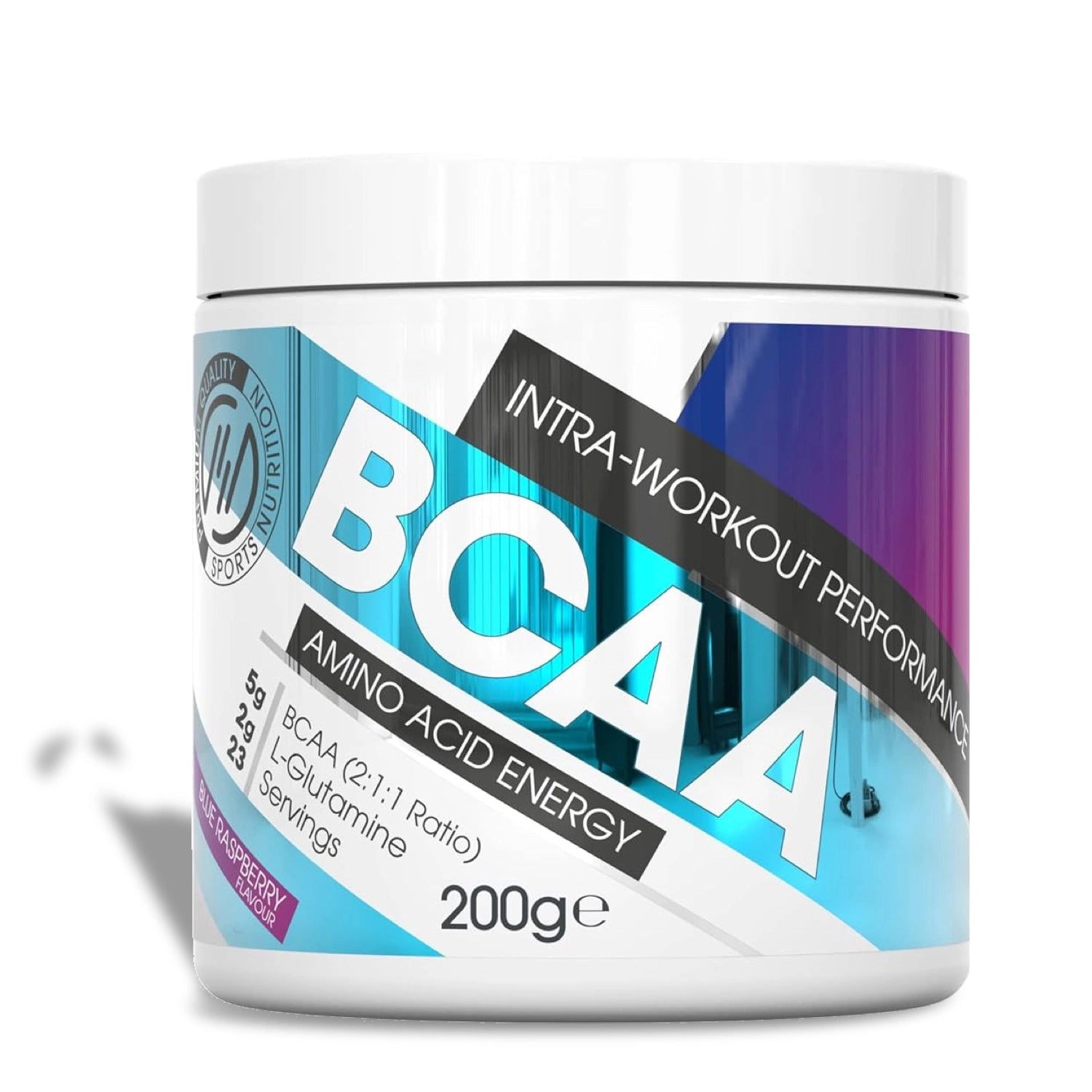 BCAA Intra-Workout Supplement container with Blue Raspberry flavour on white background