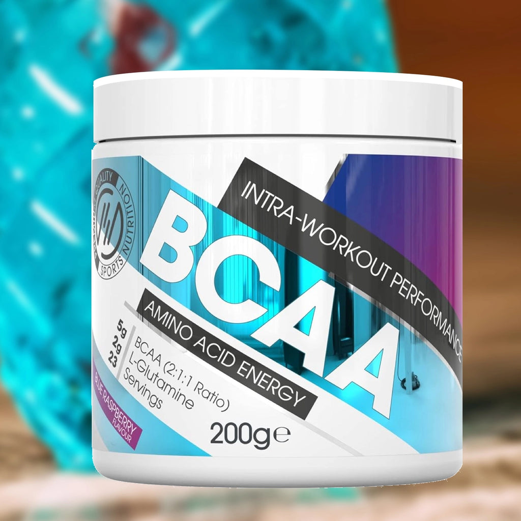 BCAA Intra-Workout Supplement container with colourful Blue Raspberry drink background