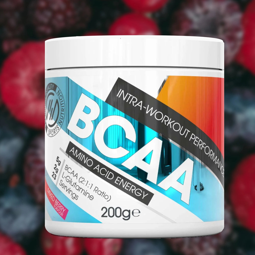 BCAA Intra-Worksout Supplement container with berries in the background