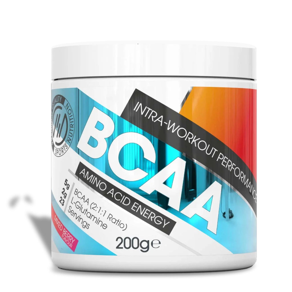BCAA Intra-Workout supplement container with colourful label on a white background