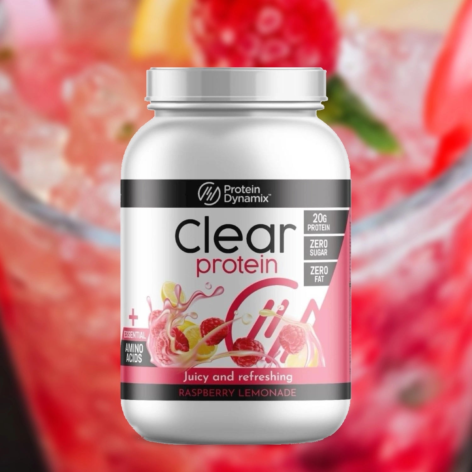 Protein Dynamix Clear Protein jar with raspberry lemonade flavour on a blurred fruit background