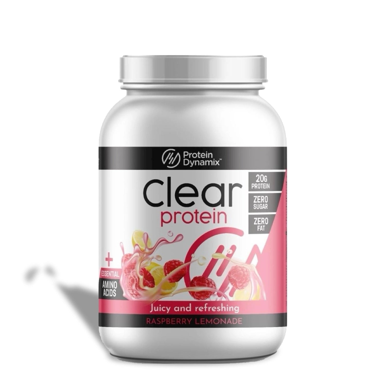 Clear protein powder container with Raspberry Lemonade flavor on a white background