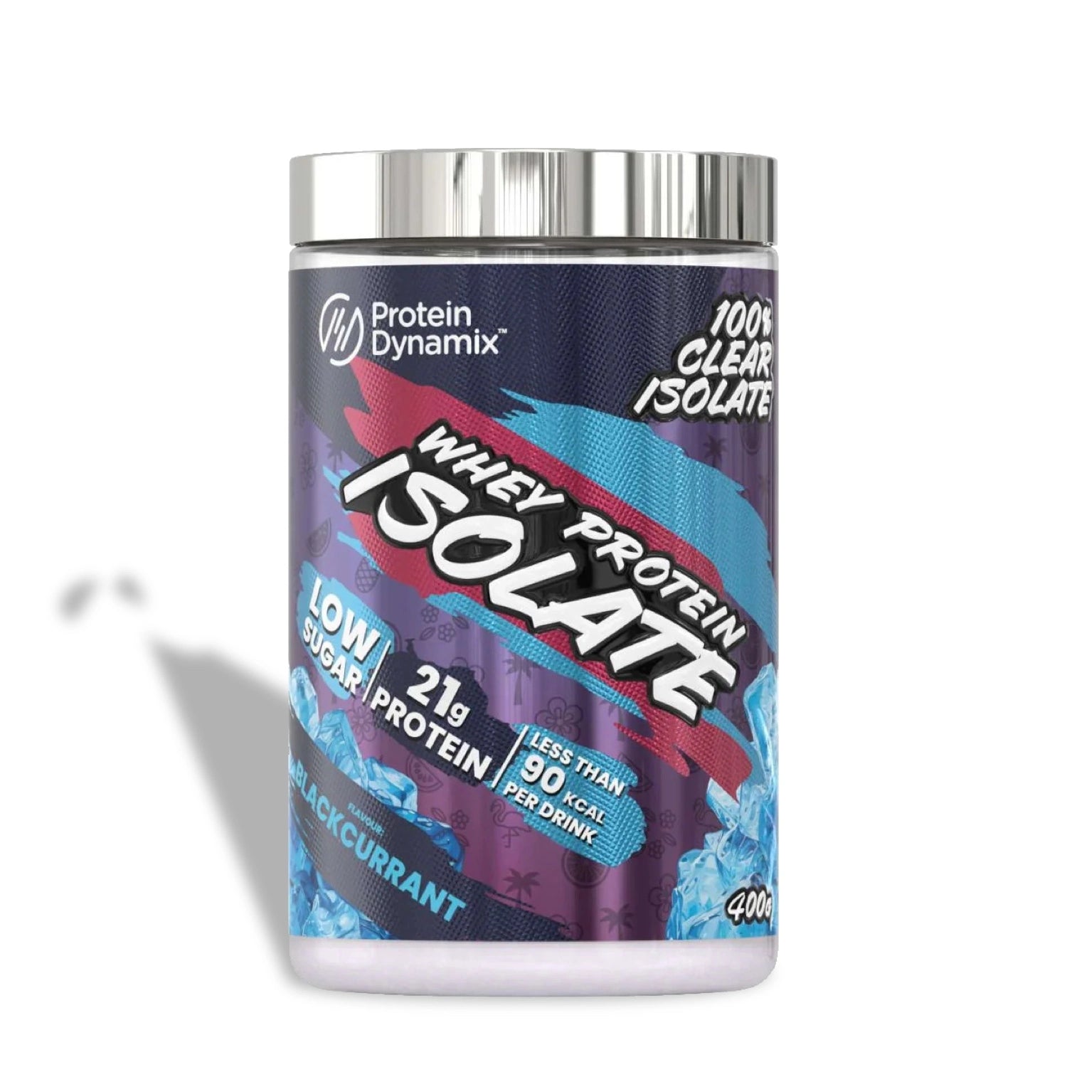 Protein Dynamix whey protein isolate container on a white background