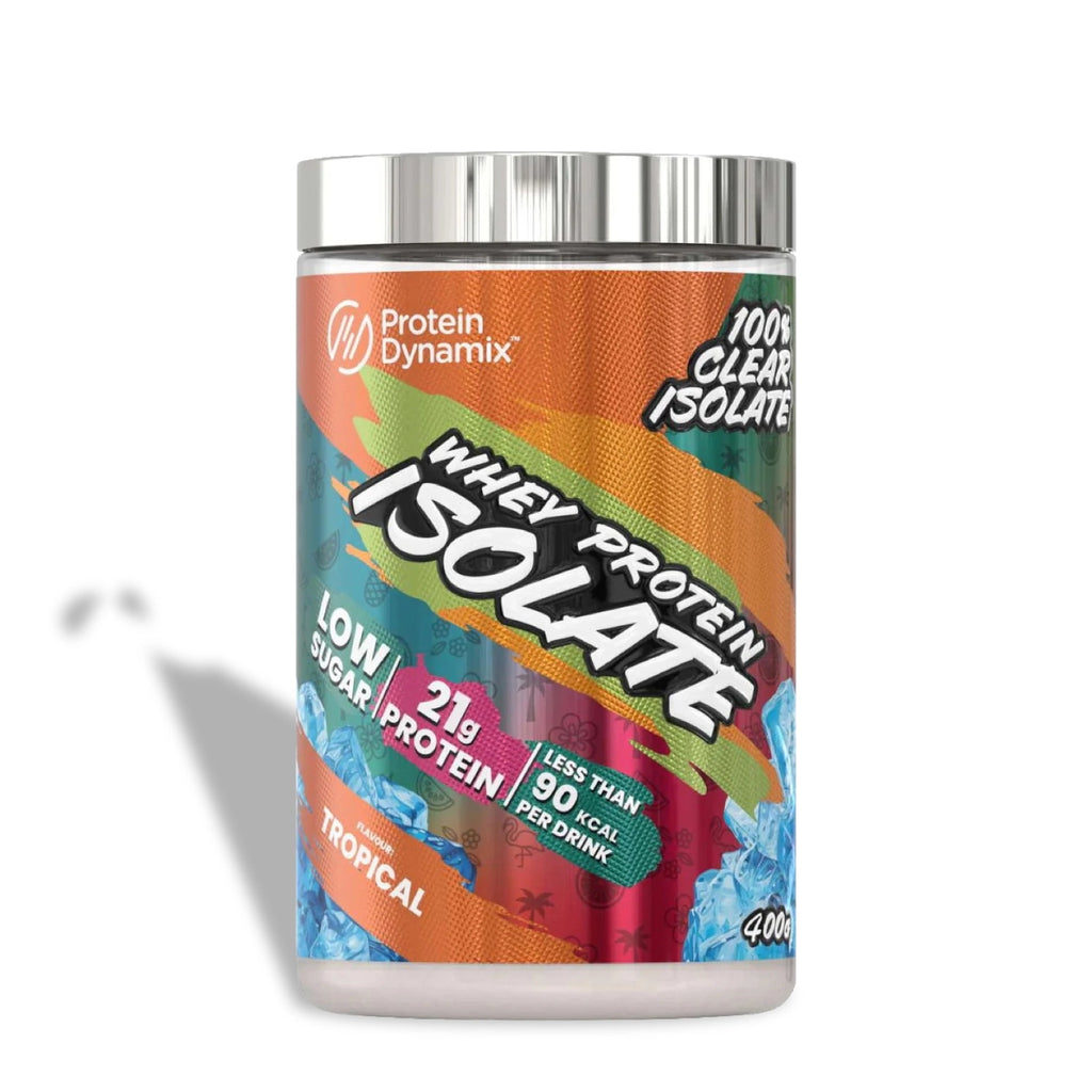 Protein Dynamix whey protein isolate container on a white background