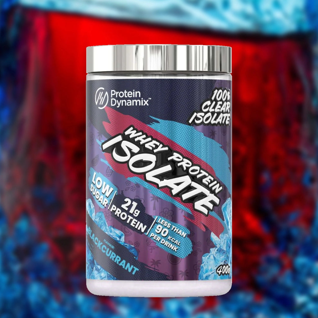 Protein Dynamix whey protein isolate container with a blurred blackcurrant drink in the background