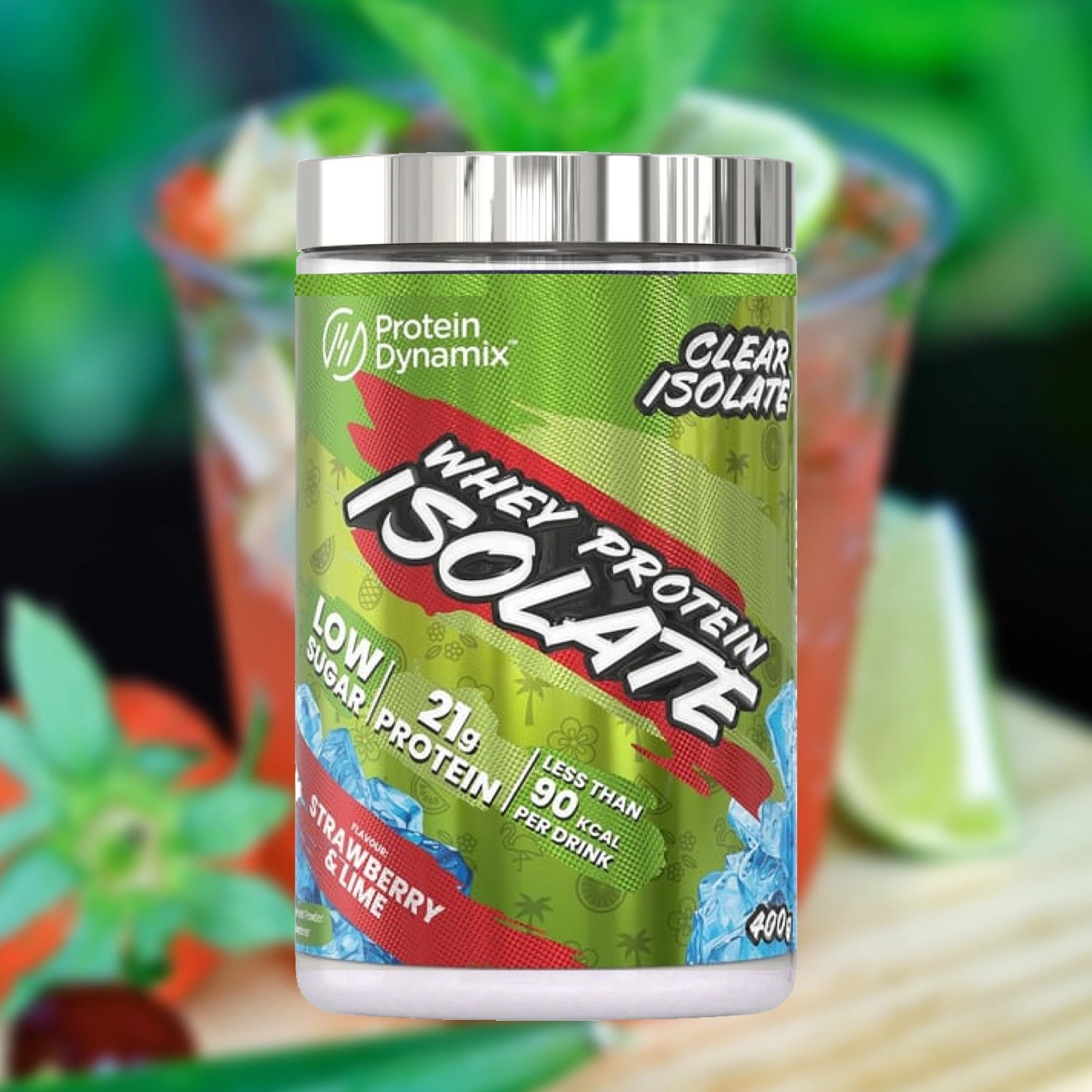 Protein Dynamix Whey Protein Isolate container with strawberry & lime flavour in front of a strawberry cocktail
