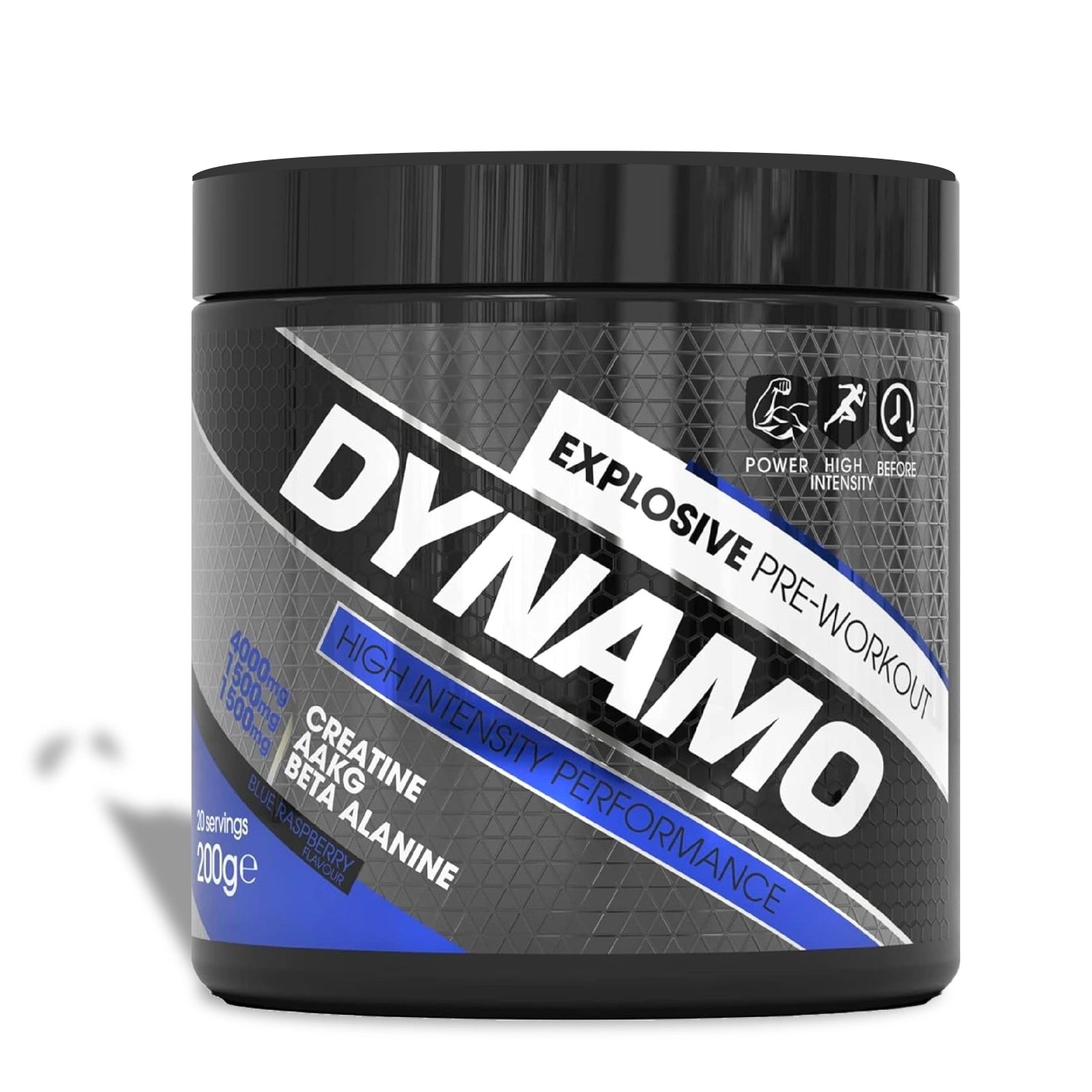 Dynamo Pre-workout supplement container on a white background