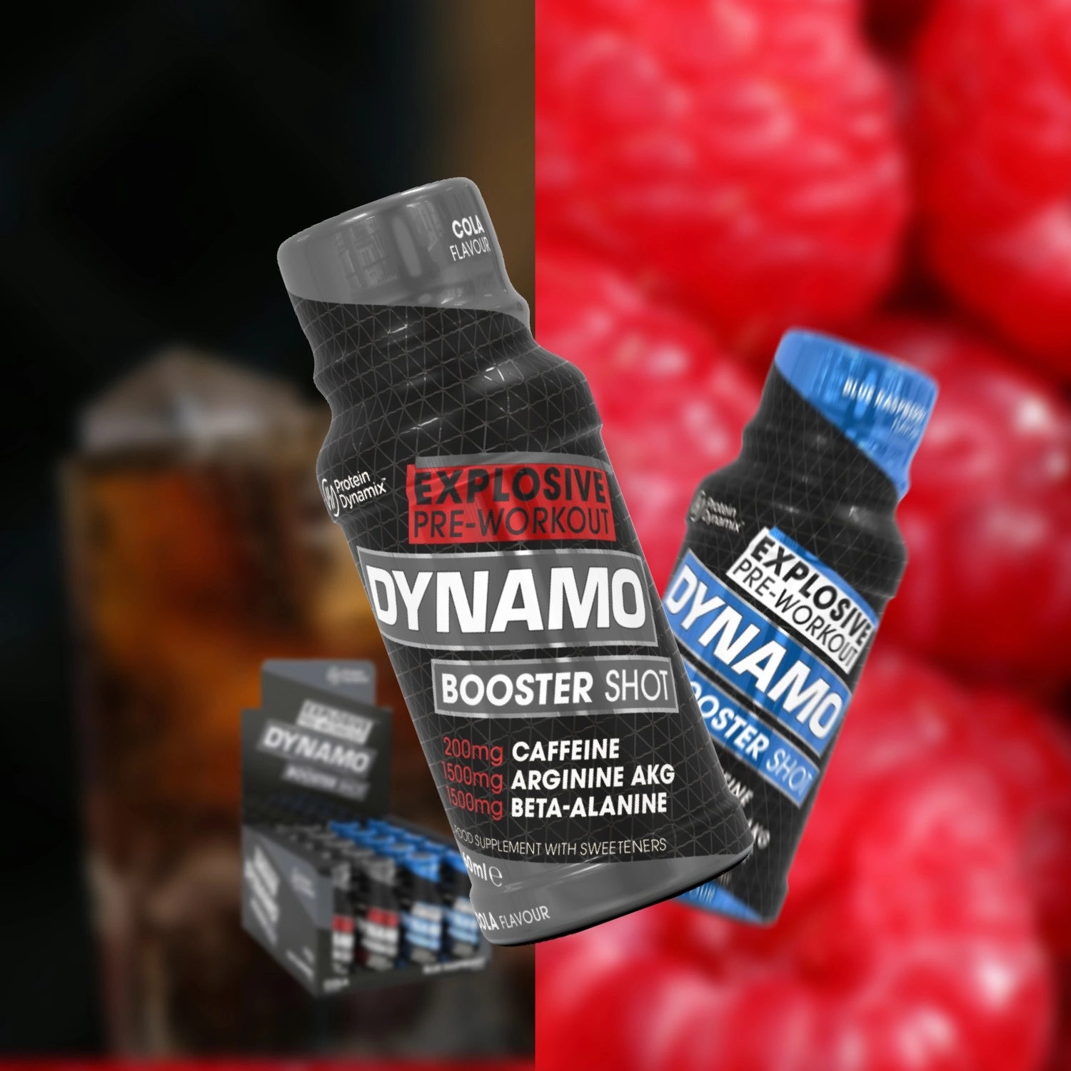 Dynamo Explosive pre-workout booster shots with raspberries and cola in the background