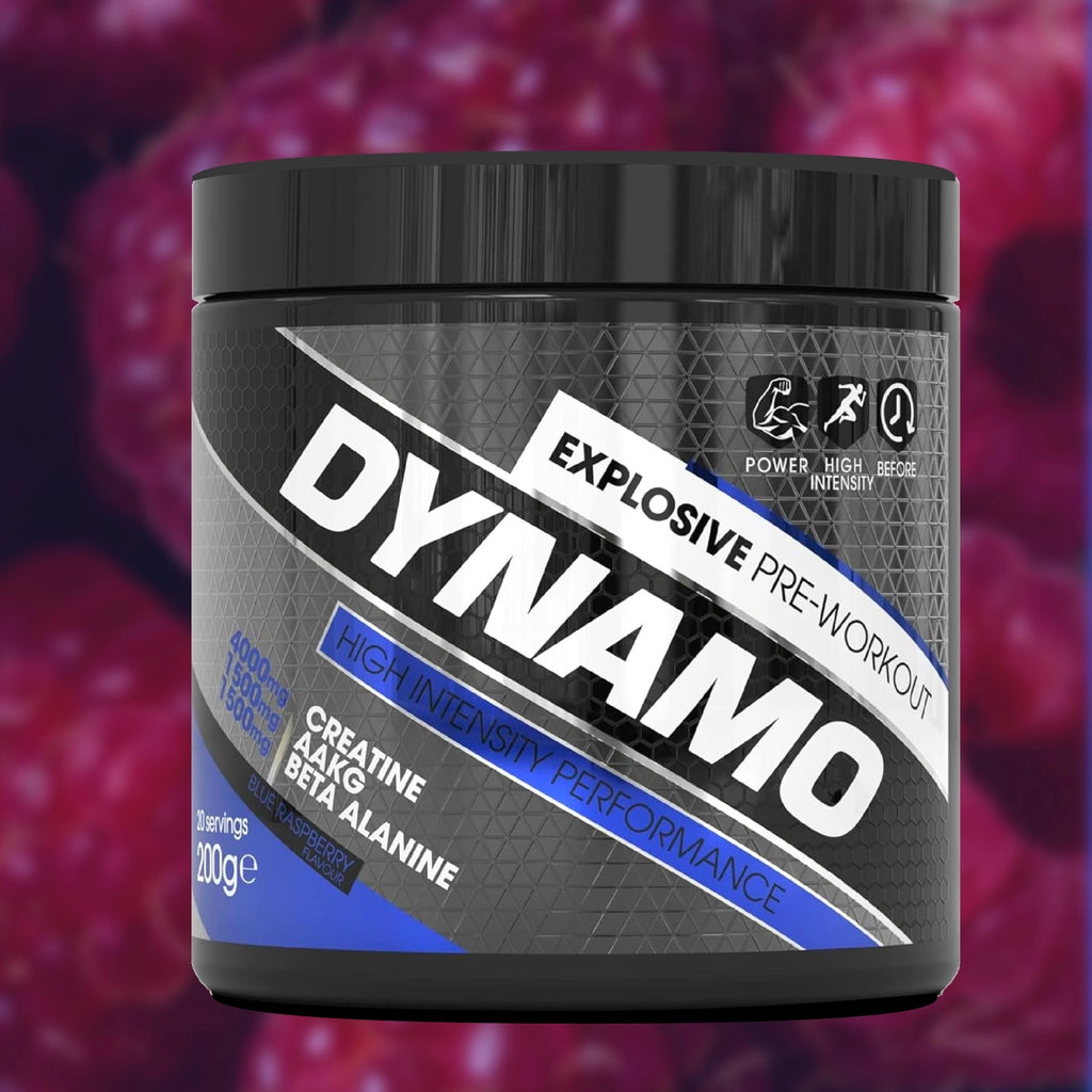 Dynamo 'Explosive' Pre-workout supplement container with raspberries in the background